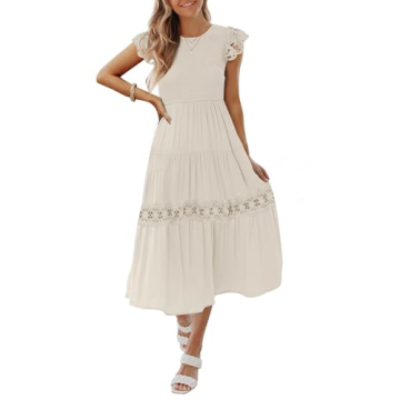 ZESICA Women's Casual Crew Neck Flutter Sleeve Smocked High Waist Hollow Out Lace Trim Tiered A Line...