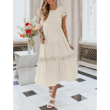 ZESICA Women's Casual Crew Neck Flutter Sleeve Smocked High Waist Hollow Out Lace Trim Tiered A Line Midi Dress,Apricot,Large