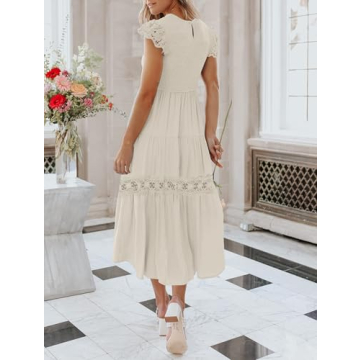ZESICA Women's Casual Crew Neck Flutter Sleeve Smocked High Waist Hollow Out Lace Trim Tiered A Line Midi Dress,Apricot,Large