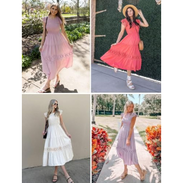 ZESICA Women's Casual Crew Neck Flutter Sleeve Smocked High Waist Hollow Out Lace Trim Tiered A Line Midi Dress,Apricot,Large