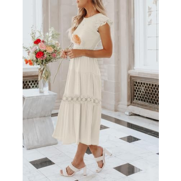 ZESICA Women's Casual Crew Neck Flutter Sleeve Smocked High Waist Hollow Out Lace Trim Tiered A Line Midi Dress,Apricot,Large