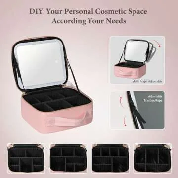Behaesty Travel Makeup Bag with LED Lighted Mirror, Cosmetic Makeup Organizer Bag with 3 Color Setting, Makeup Train Case with Adjustable Dividers for Women Makeup Brushes Jewelry Accessories (Pink)