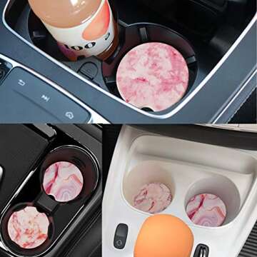 AD Car Coasters Set of 6 Drink- Absorbing Round Ceramic Stone Coaster with a Finger Notch for Easy Removal Cork Base for Auto Cupholder Accessories Keep Vehicle Clean