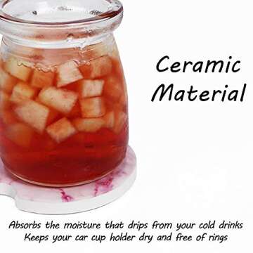 AD Car Coasters Set of 6 Drink- Absorbing Round Ceramic Stone Coaster with a Finger Notch for Easy Removal Cork Base for Auto Cupholder Accessories Keep Vehicle Clean