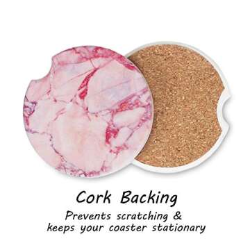 AD Car Coasters Set of 6 Drink- Absorbing Round Ceramic Stone Coaster with a Finger Notch for Easy Removal Cork Base for Auto Cupholder Accessories Keep Vehicle Clean