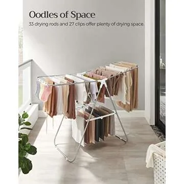 SONGMICS Clothes Drying Rack, with Sock Clips, Metal Laundry Rack, Foldable, Space-Saving, Free-Standing Airer, with 2 Height-Adjustable Gullwings, Indoor Outdoor Use, Silver and White ULLR052W01