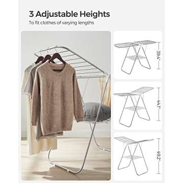 SONGMICS Clothes Drying Rack, with Sock Clips, Metal Laundry Rack, Foldable, Space-Saving, Free-Standing Airer, with 2 Height-Adjustable Gullwings, Indoor Outdoor Use, Silver and White ULLR052W01