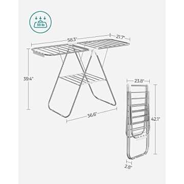 SONGMICS Clothes Drying Rack, with Sock Clips, Metal Laundry Rack, Foldable, Space-Saving, Free-Standing Airer, with 2 Height-Adjustable Gullwings, Indoor Outdoor Use, Silver and White ULLR052W01