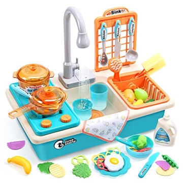 CUTE STONE Play Kitchen Sink Toys with Faucet & Accessories