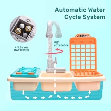 CUTE STONE Play Kitchen Sink Toys with Faucet & Accessories