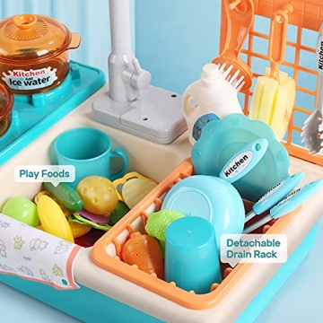 CUTE STONE Play Kitchen Sink Toys with Faucet & Accessories