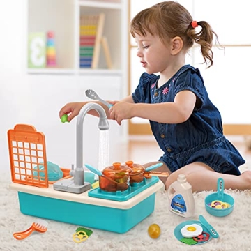 CUTE STONE Play Kitchen Sink Toys with Faucet & Accessories