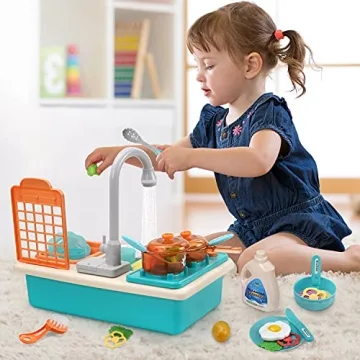 CUTE STONE Play Kitchen Sink Toys with Faucet & Accessories