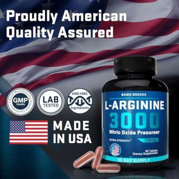 BASIC GREENS L Arginine 3,150mg (90 Capsules) - L-Arginine Supplement for Men and Women with Nitric Oxide Precursor, LArginine Supplement