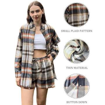 Ekouaer Plaid Pajamas Set for Women Button Down Casual Outfits Long Sleeve Shirts and Shorts Loungewear Navy Blue