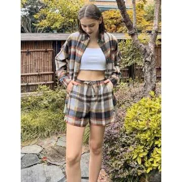 Ekouaer Plaid Pajamas Set for Women Button Down Casual Outfits Long Sleeve Shirts and Shorts Loungewear Navy Blue