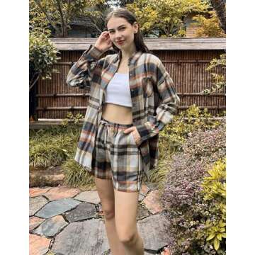 Ekouaer Plaid Pajamas Set for Women Button Down Casual Outfits Long Sleeve Shirts and Shorts Loungewear Navy Blue