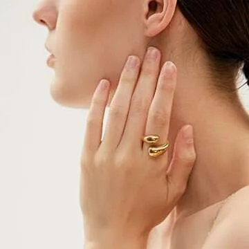 YADUDA Minimalist Chunky Teardrop Spoon Rings for Women High Polish Tarnish Resistant Open Adjustable Rings Gold Rings for Women 14K Gold Plated