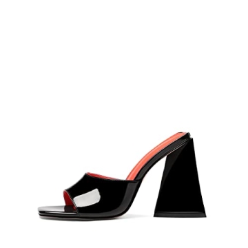 Keleimusi Women's Trendy Square Toe Block Heel Dress Mules in Black Patent Leather