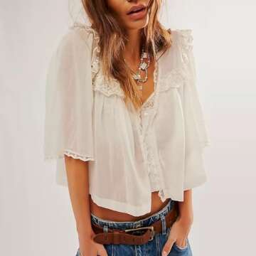 Women Chiffon Blouses Vintage Ruffle Hem Mesh Shirt Short Sleeve Button Down Babydoll Top Summer Y2k Going Out Tops (White, S)