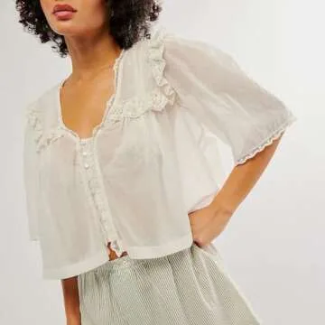 Women Chiffon Blouses Vintage Ruffle Hem Mesh Shirt Short Sleeve Button Down Babydoll Top Summer Y2k Going Out Tops (White, S)