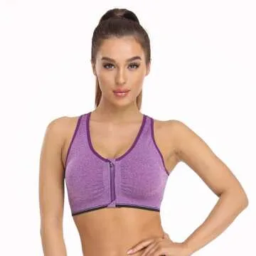 Women's Zip Front Sports Bra Wireless Post-Surgery Bra Zipper Closure Bras Padded Surgical Bra Racerback Workout Bras Active Yoga Sports Bras Bust Reduction Bra (Small, 3 pack(Black+Flesh+Purple))