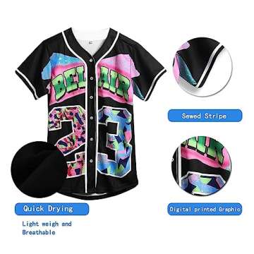 Amzdest 90s Clothing for Women, Unisex Hip Hop Party, Bel Air 23 Baseball Jersey Short Sleeve Button Down Shirt (23Black, Medium)