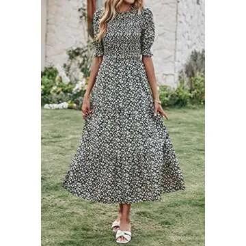 BTFBM Women Casual Summer Dresses 2025 Spring Crew Neck Ruffle Short Sleeve Floral Print Smocked Boh...