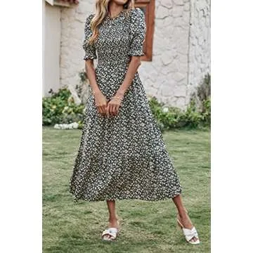 BTFBM Women Casual Summer Dresses 2025 Spring Crew Neck Ruffle Short Sleeve Floral Print Smocked Boho Flowy Maxi Dress(Floral Black Apricot, Medium)