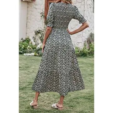 BTFBM Women Casual Summer Dresses 2025 Spring Crew Neck Ruffle Short Sleeve Floral Print Smocked Boho Flowy Maxi Dress(Floral Black Apricot, Medium)