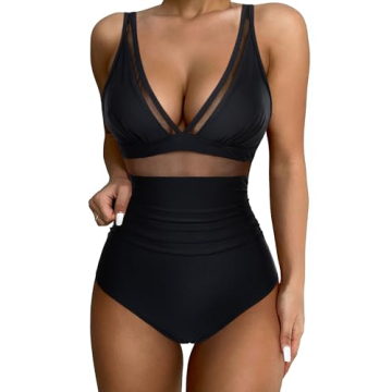 SUUKSESS Women's Slimming Tummy Control One Piece Swimsuits - Sexy Mesh High Waisted Monokini (Black...