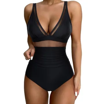 SUUKSESS Women's Slimming Tummy Control One Piece Swimsuits - Sexy Mesh High Waisted Monokini (Black...