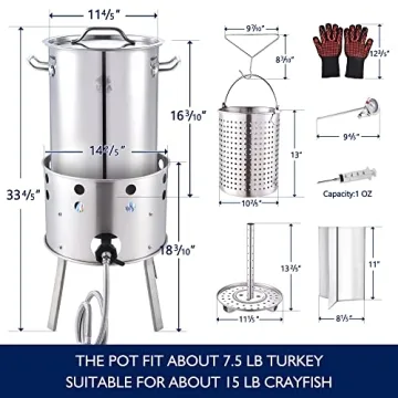 ARC 32QT Stainless Steel Turkey Fyrer Kit With Burner, Seafood Boil Pot And Burner With Basket,Crawfish Boil Tamale Steamer Crab Boil Pot With Injector Thermometer, High Temperature Resistant Gloves