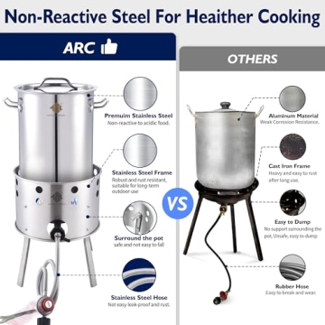 ARC 32QT Stainless Steel Turkey Fyrer Kit With Burner, Seafood Boil Pot And Burner With Basket,Crawfish Boil Tamale Steamer Crab Boil Pot With Injector Thermometer, High Temperature Resistant Gloves
