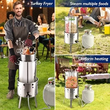 ARC 32QT Stainless Steel Turkey Fyrer Kit With Burner, Seafood Boil Pot And Burner With Basket,Crawfish Boil Tamale Steamer Crab Boil Pot With Injector Thermometer, High Temperature Resistant Gloves