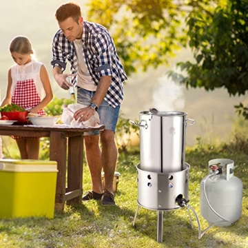 ARC 32QT Stainless Steel Turkey Fyrer Kit With Burner, Seafood Boil Pot And Burner With Basket,Crawfish Boil Tamale Steamer Crab Boil Pot With Injector Thermometer, High Temperature Resistant Gloves