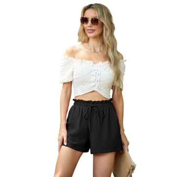 FREEOAK Womens Linen Summer Shorts Adjustable Tie Waist Cute Lightweight High Waisted Vacation Comfy Outfits Black Size Large