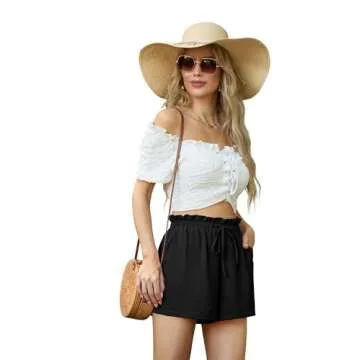 FREEOAK Womens Linen Summer Shorts Adjustable Tie Waist Cute Lightweight High Waisted Vacation Comfy Outfits Black Size Large