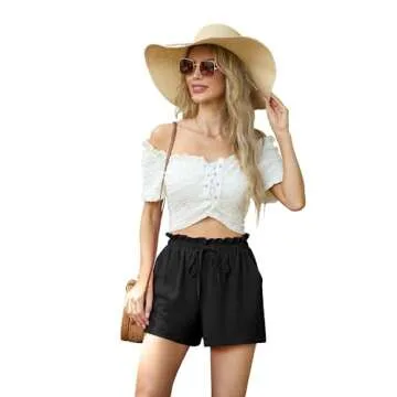 FREEOAK Womens Linen Summer Shorts Adjustable Tie Waist Cute Lightweight High Waisted Vacation Comfy Outfits Black Size Large