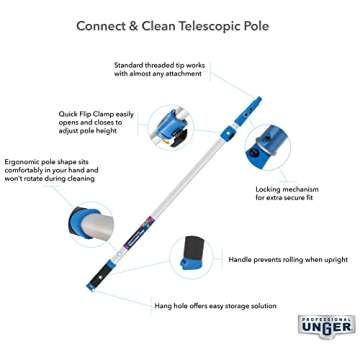 Unger Professional Connect & Clean 3’-6’ Aluminum Telescopic Extension Pole with Locking Cone & Quick-Flip Clamp – Compatible with Cleaning Tool Attachments, Window Cleaning & Dusting Tool