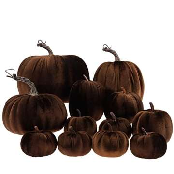 Gresorth 12pcs Large Fake Velvet Halloween Pumpkins Artificial Handmade Fall Harvest Centerpiece Decoration for Home Kitchen Farmhouse Thanksgiving Wedding - Brown