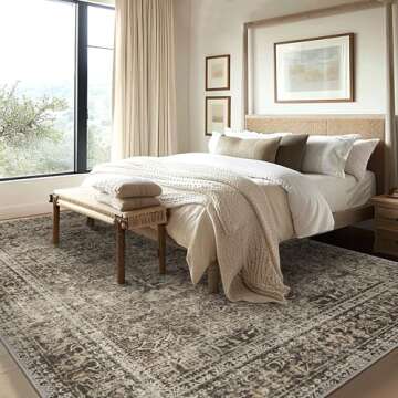 BEIMO Area Rugs for Living Room Bedroom, 5x7 Machine Washable Stain Resistant Neutral Rug, Soft Vintage Print Sage Charcoal Carpet, Medium Pile Mat with Non Slip Rubber Backing