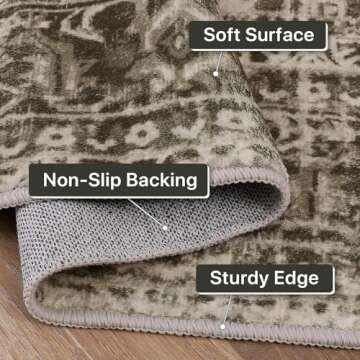 BEIMO Area Rugs for Living Room Bedroom, 5x7 Machine Washable Stain Resistant Neutral Rug, Soft Vintage Print Sage Charcoal Carpet, Medium Pile Mat with Non Slip Rubber Backing