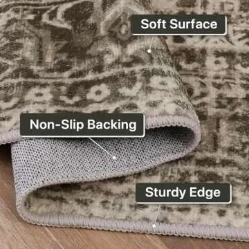 BEIMO Area Rugs for Living Room Bedroom, 5x7 Machine Washable Stain Resistant Neutral Rug, Soft Vintage Print Sage Charcoal Carpet, Medium Pile Mat with Non Slip Rubber Backing