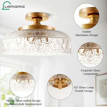 Lamomo Semi Flush Mount Ceiling Light, Upgraded Larger Golden Hallway Light Fixture, 3-Bulb Globe Glass Close to Ceiling Light,Indoor Hanging Light for Bedroom Kitchen Porch Hallway,Bulbs Not Included