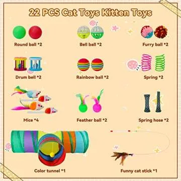 BWOGUE 22PCS Cat Toys Kitten Toys Set,Collapsible 3 Way Cat Tunnels for Indoor Cats,Interactive Cat Feather Toy Fluffy Mouse Tumbler Crinkle Balls Bells Spring Toys Set for Cat Kitty Puppy Rabbit