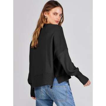 ANRABESS Womens Oversized Crewneck Cropped Sweaters Long Batwing Sleeve Side Slit Ribbed Knit Pullover Tops 2024 Fall Trendy Black X-Large