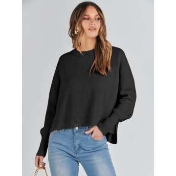 ANRABESS Womens Oversized Crewneck Cropped Sweaters Long Batwing Sleeve Side Slit Ribbed Knit Pullover Tops 2024 Fall Trendy Black X-Large
