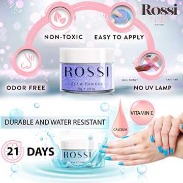 ROSSI Nails Glam Dip Powder 0.6 oz | French Nail Manicure Acrylic Art | Starter and Professional | Colorful Dipping Powder | Calcium and Vitamin E Fortified (F015 Ocean Dive)