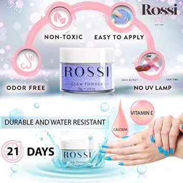 ROSSI Nails Glam Dip Powder 0.6 oz | French Nail Manicure Acrylic Art | Starter and Professional | Colorful Dipping Powder | Calcium and Vitamin E Fortified (F015 Ocean Dive)